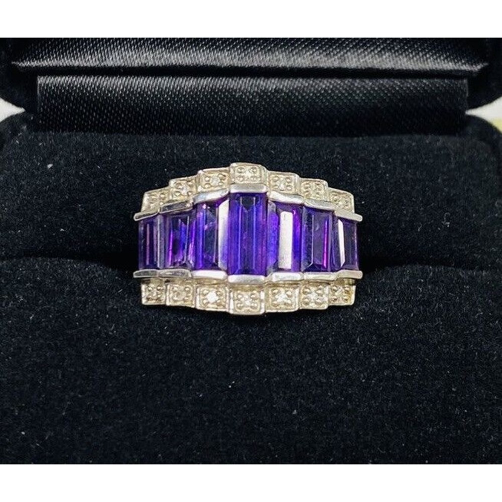 Sz 6/6.5 Macy's Sterling Silver Amethyst Ring Diamond Accents